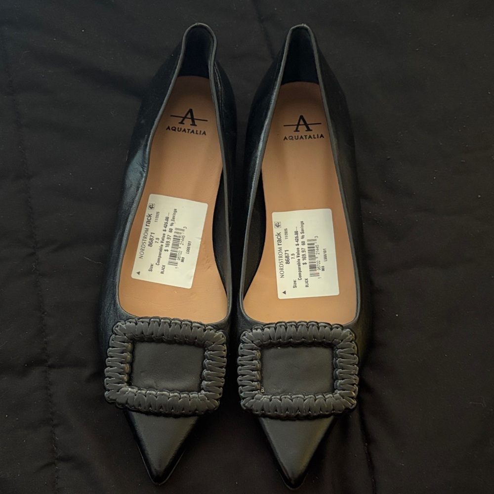 Aquatalia Black Leather Flats with Buckle Detail
